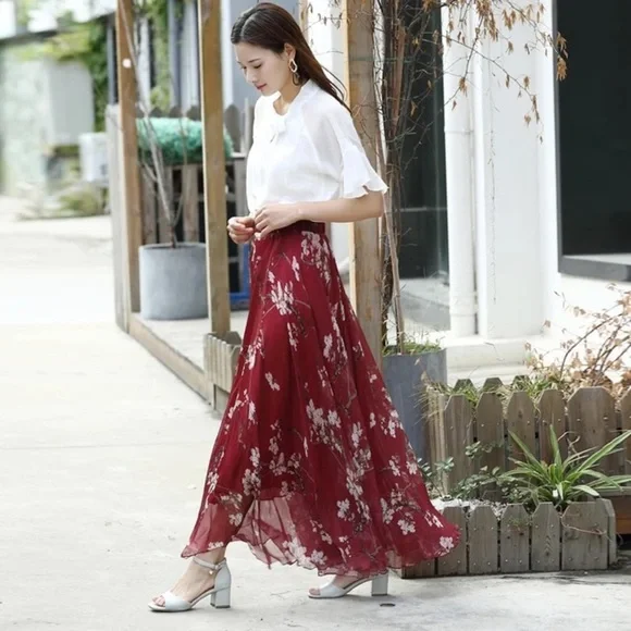 Floral Chiffon Circle Women High Waist Maxi Skirt Relaxed Lightweight Chic Skirt - Picture 2 of 9